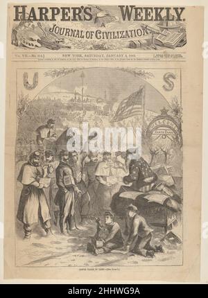 Babbo Natale in Camp (da 'Harper's Weekly') 3 gennaio 1863 l'immagine di Thomas Nast American, nato Germany Nast è stata pubblicata nel numero di Natale 1862 di Harper's Weekly, durante giorni pieni di prove per l'Unione e di speranza crescente. Babbo Natale è arrivato in slitta in un campo dell'esercito dell'Unione per distribuire regali. Questo era il momento in cui Nast concepì e introdusse la nostra immagine moderna di Babbo Natale. Combinando le tradizioni europee di San Nicola con le immagini folk degli elfi della sua Germania natale, ha creato il gift-giver jolly ora associato con Natale che qui offre il coraggio ai soldati lontano Foto Stock