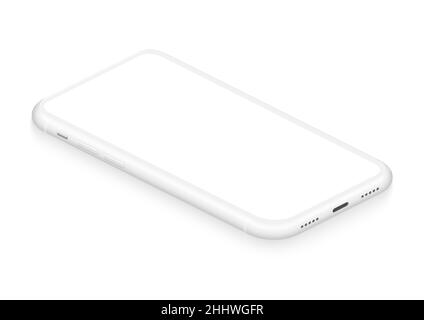 Visualizzazione in prospettiva realistica del mockup dello smartphone senza frame bianco isometrico per un'interfaccia utente infografica e visiva Illustrazione Vettoriale