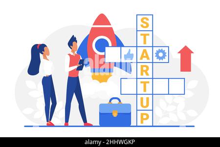 Illustrazione vettoriale crossword di avvio. I membri del team di business di Cartoon si levano in piedi accanto al puzzle crossword con la parola di avvio, iniziando un nuovo progetto di business Illustrazione Vettoriale