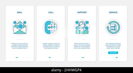 Illustrazione vettoriale del concetto di servizio di assistenza clienti. UX, UI onboarding mobile app page set con line call center operator con headph Illustrazione Vettoriale