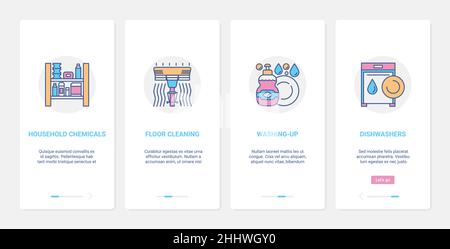 Prodotti per la manutenzione domestica, attrezzature per la pulizia, illustrazione vettoriale. UX, UI onboarding mobile app page set con linea di prodotti chimici mop anche Illustrazione Vettoriale