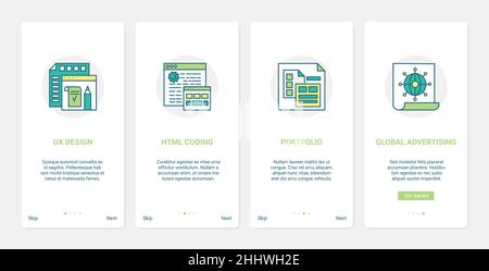 Media advertising service, designer Developer portfolio illustrazione vettoriale. UX, UI onboarding pagina app mobile impostata con linea html codifica techno Illustrazione Vettoriale
