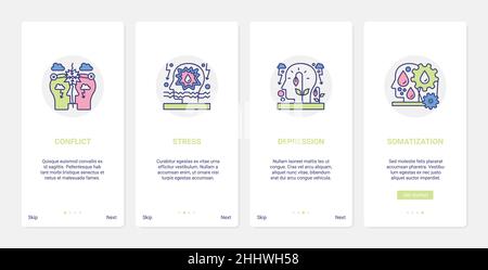 Illustrazione vettoriale del problema del processo mentale. UX, UI onboarding mobile app page screen set di abstract line human head processing in situazioni stressanti, Illustrazione Vettoriale