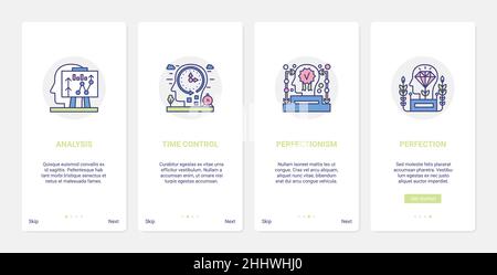 Il lavoro mentale elabora l'illustrazione vettoriale. UX, UI onboarding mobile app page screen set di astratta linea umana Head Processing in perfectionism, Working Illustrazione Vettoriale