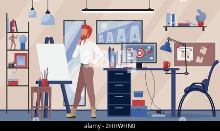 Illustrazione vettoriale del luogo di lavoro di un creativo progettista. Cartoon man grafico designer, illustratore freelance lavoratore in piedi al cavalletto, lavorando da hom Illustrazione Vettoriale