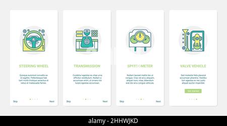 Ricambi auto, servizio di riparazione per il trasporto automobilistico o illustrazione del vettore di negozio. UX, UI onboarding pagina app mobile impostata con trasmissione line del veicolo Illustrazione Vettoriale