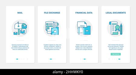 Illustrazione vettoriale dello scambio di file per ufficio. UX, UI onboarding pagina app mobile con memorizzazione report dati finanziari riga, finanza legale Illustrazione Vettoriale