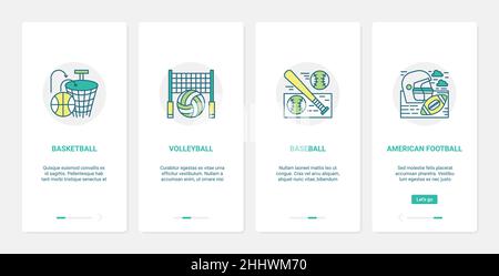 Illustrazione vettoriale dell'attrezzatura sportiva. UX, UI onboarding mobile app page set con palle di linea per basket pallavolo rugby americano football ba Illustrazione Vettoriale