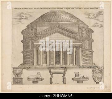 Speculum Romanae Magnificentiae: Il Pantheon 1649 Nicolas Beatrizet French questa stampa proviene dalla copia del museo dello Speculum Romanae Magnificentiae (lo specchio della magnificenza romana) lo Speculum ha trovato la sua origine nelle opere editoriali di Antonio Salamanca e Antonio Lafreri. Durante la carriera editoriale romana, i due editori stranieri - che hanno lavorato insieme tra il 1553 e il 1563 - hanno iniziato la produzione di stampe che registrano opere d'arte, architettura e vedute della città relative alla Roma antica e moderna. Le stampe potevano essere acquistate singolarmente da turisti e collezionisti, ma erano un Foto Stock