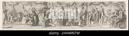 Composizione tipo fregio di figure che camminano accanto a tende drappeggiate: A sinistra satiri e bambini portano una statua di Bacco su una lettiera dietro un vecchio (Sileno?), al centro due satiri stalla si avvicinano ad un sacerdote, a destra Apollo solleva una tazza accanto a satiri seduti ad una tavola rotonda ca. 1617–25 Pierre Brebiette Francese. Composizione tipo fregio di figure che camminano accanto a tende drappeggiate: A sinistra satiri e bambini portano una statua di Bacco su una lettiera dietro un vecchio (Sileno?), al centro due satiri stalla si avvicinano ad un sacerdote, a destra Apollo solleva una tazza accanto a satiri seduti ad una tavola rotonda 397589 Foto Stock