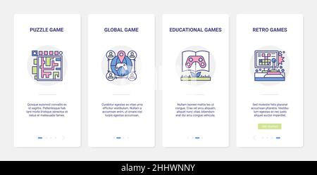 Video giochi di formazione illustrazione vettoriale. UI, UX onboarding mobile app page set con linea di gioco multiplayer online, joystick giocatore, retro puzzl Illustrazione Vettoriale