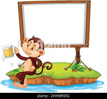 Scimmia ubriaca con bordo vuoto su sfondo bianco Illustrazione Vettoriale