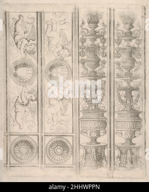Foglio di segmenti di bordo: Due candelabri e due pezzi orizzontali con putti, due angoli, dalla vita della Vergine e Cristo 1490–1500 Francesco Rosselli Italian questa stampa era destinata a servire come bordi decorativi per incorniciare stampe individuali nella serie vita della Vergine e di Cristo di Rosselli. Foglio di segmenti di confine: Due candelabri e due pezzi orizzontali con putti, due angoli, da vita della Vergine e Cristo 338447 Foto Stock