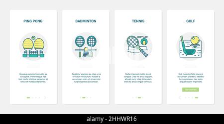 Illustrazione vettoriale attrezzatura sportiva. UX, UI onboarding mobile app schermata con linea golf club e palla, racchette per tennis badminton tournamen Illustrazione Vettoriale