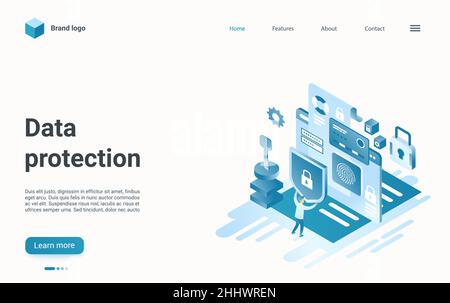 Illustrazione isometrica del vettore di protezione dei dati. Cartoon 3D Security tecnologia internet per proteggere i dati personali dagli attacchi degli hacker di reato, Illustrazione Vettoriale