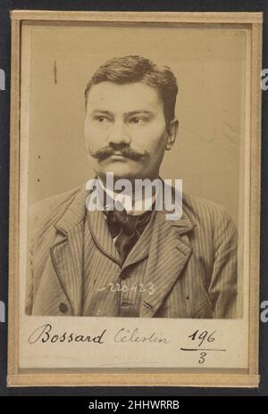 Bossard. Célestin. 33 ans, né le 5/3/61 à Gonbretière (Vandea). Cordonnier. Anarchiste. 2/7/94 1894 Alphonse Bertillon nato in un'illustre famiglia di scienziati e statistici, Bertillon iniziò la sua carriera come impiegato nell'Ufficio di identificazione della Prefettura di Parigi di polizia nel 1879. Incaricato di mantenere un registro affidabile dei trasgressori da parte della polizia, ha sviluppato il primo moderno sistema di identificazione penale. Il sistema, che divenne noto come Bertillonage, aveva tre componenti: La misurazione antropometrica, la descrizione verbale precisa delle caratteristiche fisiche del prigioniero, e la sua posizione Foto Stock