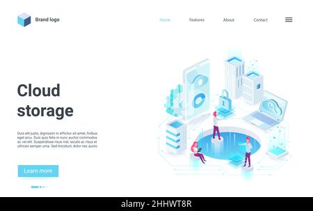 Concetto di storage di backup su cloud illustrazione vettoriale isometrica. Cartoon 3D personaggi piccoli team che lavorano nel reparto di cloud Office Workplace, in modo moderno e anacre Illustrazione Vettoriale