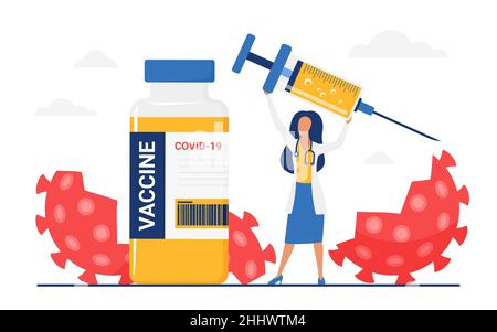 Sconfiggere, distruggere le cellule del virus corona, illustrazione del vettore del concetto di vaccinazione. Cartone animato felice medico donna personaggio in piedi con vaccino medico bot Illustrazione Vettoriale