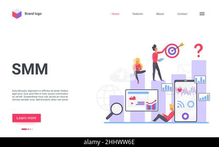 Marketing digitale, illustrazione vettoriale della tecnologia web digitale SMM. Cartoon team di persone marketing lavoro sulla promozione dei contenuti del sito web in internet e s Illustrazione Vettoriale