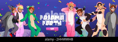 Pigiama party cartoon web banner. Le persone in tute animali kigurumi si rallegrano con confetti e cuscini. Adolescenti che indossano costumi di rana, gatto, mucca e panda, maiale, unicorno e pipistrello, Illustrazione vettoriale Illustrazione Vettoriale