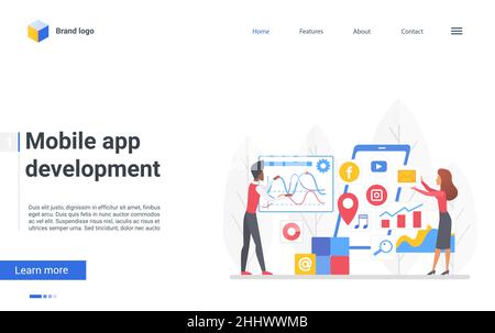 Illustrazione vettoriale dello sviluppo di app mobili. I progettisti di cartoni animati creano contenuti applicativi di sviluppo, gestiscono dati grafici su smartphone sc Illustrazione Vettoriale
