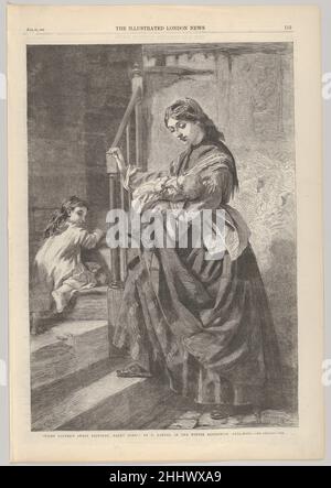 Il dolce restauratore di Ted Nature, Balmy Sleep, da 'Illustrated London News' 31 gennaio 1863 l'incisione in legno di William Luson Thomas British è apparsa nel popolare settimanale di Londra, il 'Illustrated London News'. L'immagine tenera mostra una madre che cullava un bambino addormentato, che sta per portare il bambino al piano superiore a letto, preceduto da una figlia giovane. Barnes produceva soggetti di genere, generalmente centrati su alcune figure. Il suo dipinto è stato esposto al British Institution di Londra nel 1863. Nello stesso anno, l'affascinante composizione fu anche tradotta in una grande stampa a metodo misto di Charles Alge Foto Stock