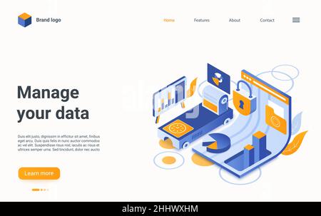 Gestire l'illustrazione isometrica del vettore del concetto di dati. Tecnologia di storage per server di database Cartoon 3D per la memorizzazione e l'elaborazione dei risultati delle informazioni, prote Illustrazione Vettoriale