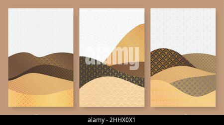 Astratto contemporaneo estetico deserto campi natura paesaggio con motivi geometrici vettore illustrazione set. Decorazioni alle pareti alla moda, arte di lusso dicembre Illustrazione Vettoriale