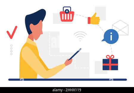La gente consuma, compra l'illustrazione vettoriale in linea. Utente cartoon uomo di consumatore che detiene smartphone, gadget mobile per lo shopping, l'acquisto di merci in Illustrazione Vettoriale