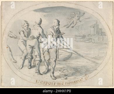 Emblem Drawing ('Hope sostiene me') inizio 17th secolo Jacob Matham Netherlandh. Emblem Drawing ('Hope sostiene me') 428696 Foto Stock