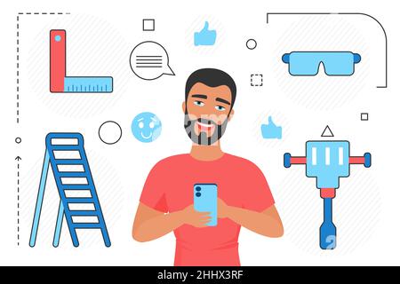 Servizio di riparazione a domicilio, carattere del cliente uomo e icone della linea di utensili da costruzione isolate su bianco Illustrazione Vettoriale