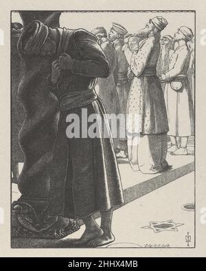 Il fariseo e il pubblicano (le parabole di nostro Signore e Salvatore Gesù Cristo) 1864 dopo Sir John Everett Millais British ci vollero sette anni Millais per disegnare venti immagini ispirate dalle parabole del nuovo Testamento per i fratelli Daliel, e le stampe risultanti sono considerate pinnacoli di illustrazione incisa in legno. L'artista ha scritto ai suoi editori: "Posso fare disegni ordinari con la stessa rapidità della maggior parte degli uomini, ma questi disegni possono essere considerati alla stessa luce, ogni parabola che illustro forse una dozzina di volte prima di risolvere [l'immagine]". Dopo aver completato un progetto, Millais lo ha trasferito ad un w Foto Stock