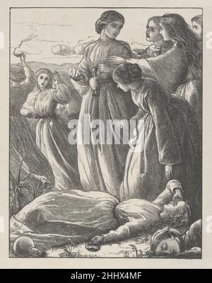 La parabola delle [dieci] Vergini (le parabole di nostro Signore e Salvatore Gesù Cristo) 1864 dopo Sir John Everett Millais British ci vollero sette anni per progettare venti immagini ispirate alle parabole del nuovo Testamento per i fratelli Dalziel, e le stampe risultanti sono considerati pinnacoli di legno inciso illustrazione. L'artista ha scritto ai suoi editori: "Posso fare disegni ordinari con la stessa rapidità della maggior parte degli uomini, ma questi disegni possono essere considerati alla stessa luce, ogni parabola che illustro forse una dozzina di volte prima di risolvere [l'immagine]". Dopo aver completato un disegno, Millais lo ha trasferito ad un Foto Stock