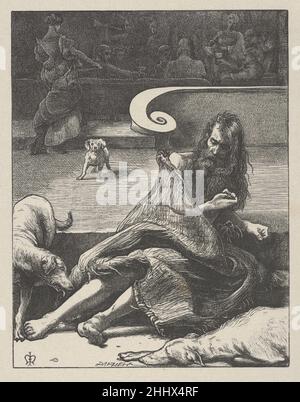 The Rich Man and Lazzaro (le parabole del nostro Signore e Salvatore Gesù Cristo) 1864 dopo Sir John Everett Millais British ci sono voluti sette anni a Millais per disegnare venti immagini ispirate dalle parabole del nuovo Testamento per i fratelli Dalziel, e le stampe risultanti sono considerate pinnacoli di illustrazione incisa in legno. L'artista ha scritto ai suoi editori: "Posso fare disegni ordinari con la stessa rapidità della maggior parte degli uomini, ma questi disegni possono essere considerati alla stessa luce, ogni parabola che illustro forse una dozzina di volte prima di risolvere [l'immagine]". Dopo aver completato un disegno, Millais lo trasferì in un woodbl Foto Stock