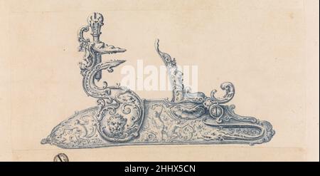 Disegno da uno Scrapbook ornamento: Un Flintlock Gun Lock 18th secolo probabilmente francese. Disegno da uno Scrapbook ornamento: Un Flintlock Gun Lock 35776 Foto Stock