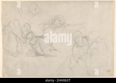 Studi della Vergine e delle Sacre Donne per 'la Lamentazione' 1842–43 Eugène Delacroix Francese lavorando in modo lineare, Delacroix qui usò una matita dura e affilata per esplorare le posizioni per un dipinto della Lamentazione nella chiesa di Saint-Denys-du-Saint-Sacrement di Parigi, di recente costruzione. Piuttosto che tracciare le figure dalla vita, egli attinge alla sua conoscenza di una Pietà impressionante del pittore manierista italiano Rosso Fiorentino (1530-40; Louvre). Nella composizione finale di Delacroix, completata in soli diciassette giorni, ha invertito l’orientamento delle cifre. Dopo essere stato chiesto di cambiare cappelle in un tardo st Foto Stock