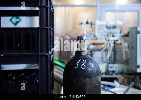 Attrezzature per la produzione di birra artigianale. Bombole con anidride carbonica compressa. Vista frontale. Foto Stock