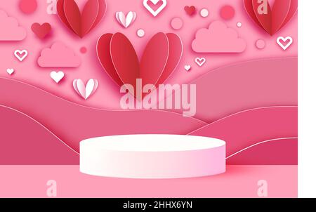 Buon San Valentino 3D scena podium o piedistallo su sfondo rosa con cuore di carta taglio forme artigianali. Studio per il design mockup del prodotto per display Illustrazione Vettoriale