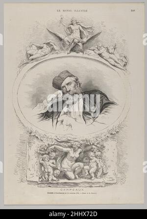 Ritratto di Jean-Baptiste Carpeaux, da 'le Monde Illustré' 16 ottobre 1875 Anonimo, francese, 19th secolo lo scultore Carpeaux è morto il 12 ottobre 1875 e questo tributo a pagina intera è apparso pochi giorni dopo nel settimanale francese 'le Monde Illustré.' La sua somiglianza, basata su una fotografia di Numa Blanc, è incorniciata da due delle sue opere scultoree: "La Francia Imperiale che porta la luce al mondo e protegge la Scienza, l'Agricoltura e l'industria" di cui sopra, e "il Trionfo della Flora" di cui sotto. Entrambi i gruppi decorano la facciata sud del Pavillon de Flore al Musée du Louvre di Parigi e sono stati svelati Foto Stock