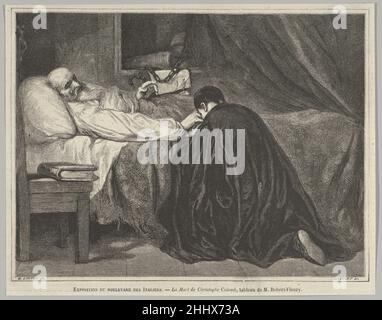 La morte di Cristoforo Colombo, da 'le Monde Illustré' 14 luglio 1860 l'incisione in legno di Henry Linton British Linton pubblicata in un periodico parigino riproduce una tela del pittore accademico francese Robert-Fleury. Nel 1840s l'artista dipinse "l'accoglienza di Cristoforo Colombo da parte del re Ferdinando II e della regina Isabella di Spagna a Barcellona", e "Cristoforo Colombo ricevuto dalla corte spagnola" (Musée du Luxembourg). Qui, un decennio e mezzo dopo, mostra il famoso esploratore alla fine della sua vita. Il dipinto è stato mostrato in una mostra del 1860 di dipinti moderni da privato c Foto Stock