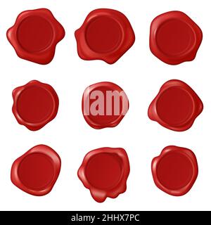 Set vettoriale per francobolli a cera d'epoca retro. Raccolta di cera per francobolli realistica. Etichette con timbro rosso per il certificato Illustrazione Vettoriale