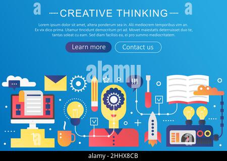 Vettoriale colore gradiente piatto alla moda pensiero creativo, nuovo concetto di idea nuovo modello banner con icone e testo Illustrazione Vettoriale