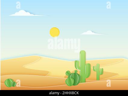 Paesaggio desertico in stile carta trendy con cactus carino nell'illustrazione vettoriale del deserto Illustrazione Vettoriale