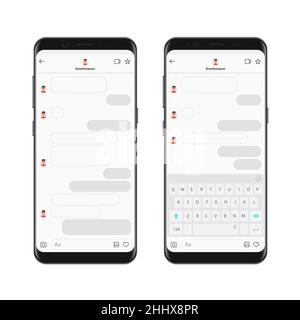 Modello realistico dell'app Messenger per chat su smartphone con bolle di chat e tastiera. Compositore finestre di dialogo Mockup vettoriale Illustrazione Vettoriale