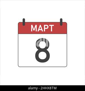 Icona del calendario per marzo 8. Marzo 8 su sfondo bianco. Illustrazione Vettoriale