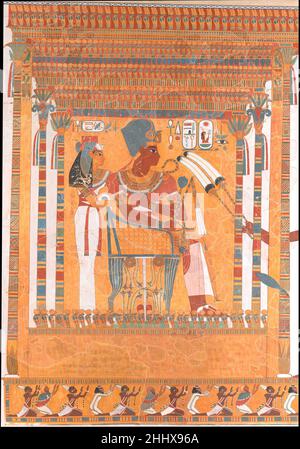 Amenhotep III e sua Madre, Mutemwia, in un chiosco 1914; originale ca. 1390–1353 a.C. XX secolo; Original New Kingdom Nina de Garis Davies questo dipinto di facsimile copia il punto focale di una scena di offerta nella tomba di un ufficiale (TT 226) a Tebe. Raffigura Amenhotep III intronata sotto un chiosco. La madre del re Mutemwia si trova dietro di lui. Sotto il chiosco c'è una fila di antenati provenienti da Nubia e dall'Asia occidentale che lodano il re con le braccia sradunate. Il nome del proprietario della tomba non è preservato. Il facsimile è stato dipinto alla tomba nel 1914 da Nina deGaris Davis per la Grafica S. Foto Stock