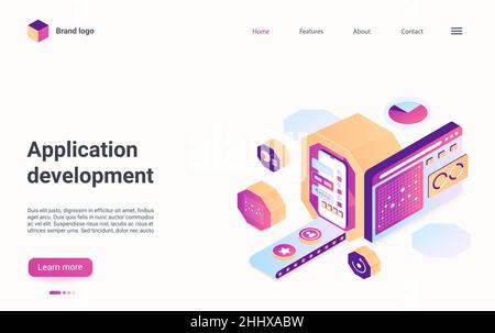 Modello vettoriale della landing page isometrica per lo sviluppo di app. Layout dell'interfaccia della pagina iniziale del sito Web di programmazione mobile. Banner Web aziendale per la creazione di applicazioni Illustrazione Vettoriale