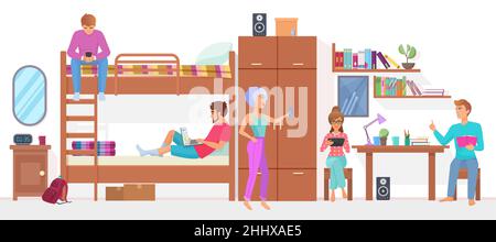 Gruppo di amici studenti uomo e donna che vivono e studiano insieme nella camera da letto dormitorio in ostello illustrazione vettoriale Illustrazione Vettoriale
