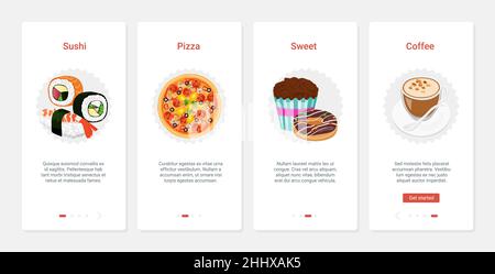 Illustrazione del vettore di fast food. UX, UI onboarding mobile app schermata con linea cafe fast food snack sushi, pizza, dolci e caffè. CAF Illustrazione Vettoriale
