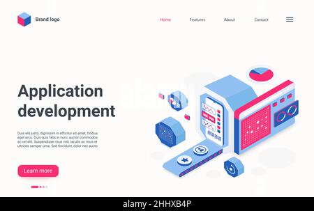 Modello vettoriale della landing page isometrica per lo sviluppo di app. Creazione di applicazioni business banner web, concetto di pagina web. Pagina iniziale del sito Web di programmazione mobile Illustrazione Vettoriale
